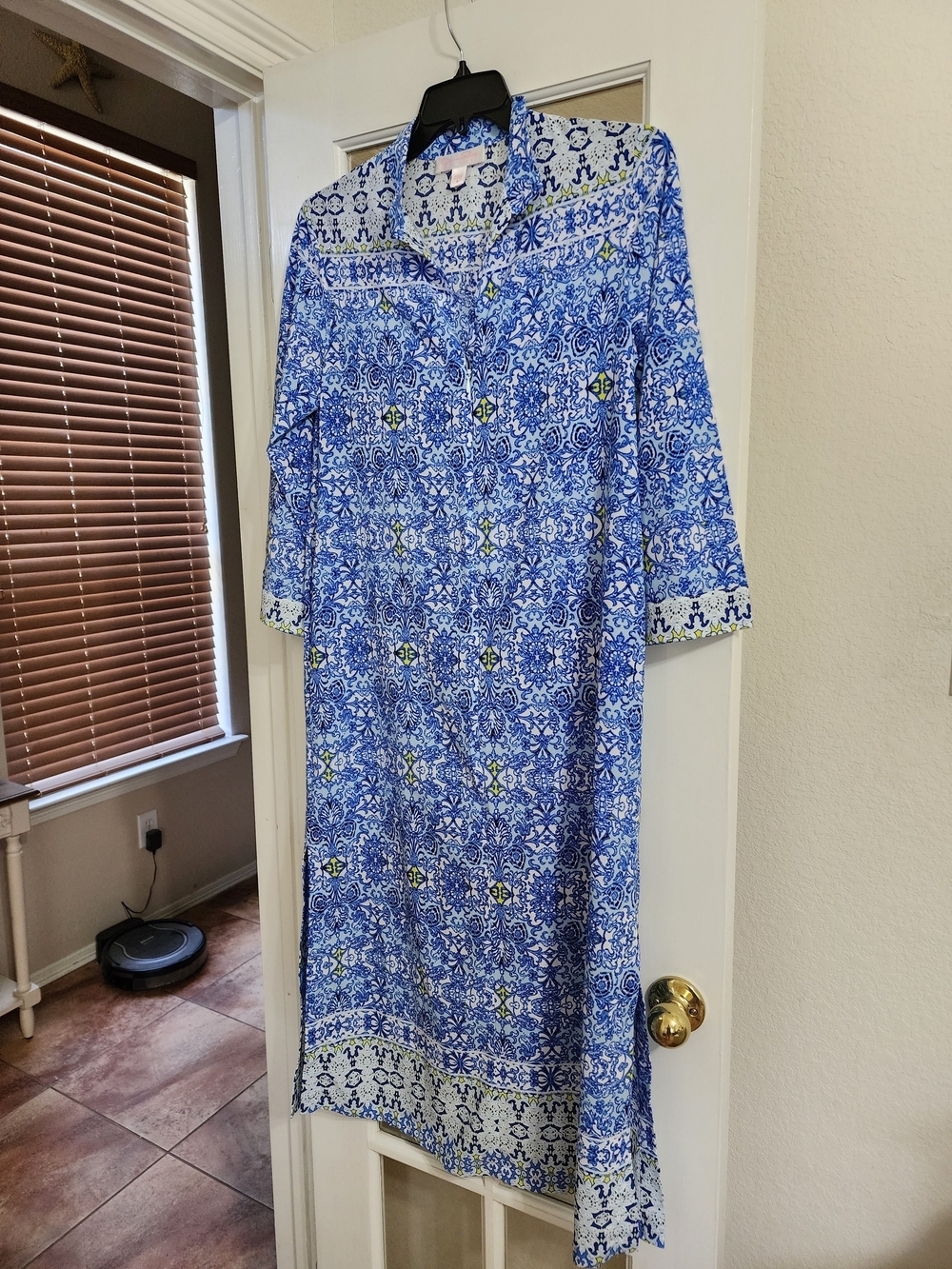 Oscar de la Renta Pink Label Blue Tile Print Caftan Lounge Dress Size Small - Picture 2 of 15